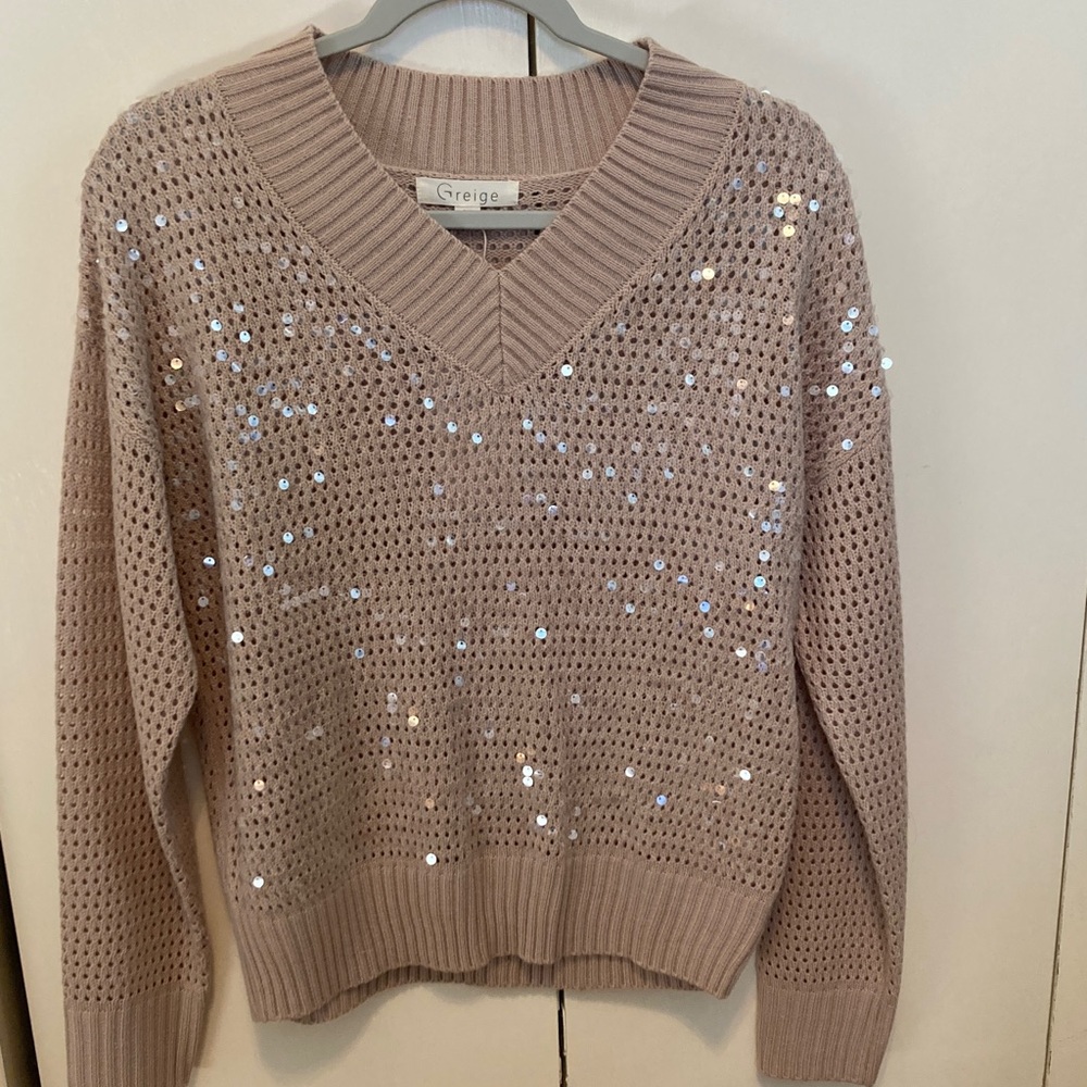 Women's V-Neck Sequin Sweater - Cream